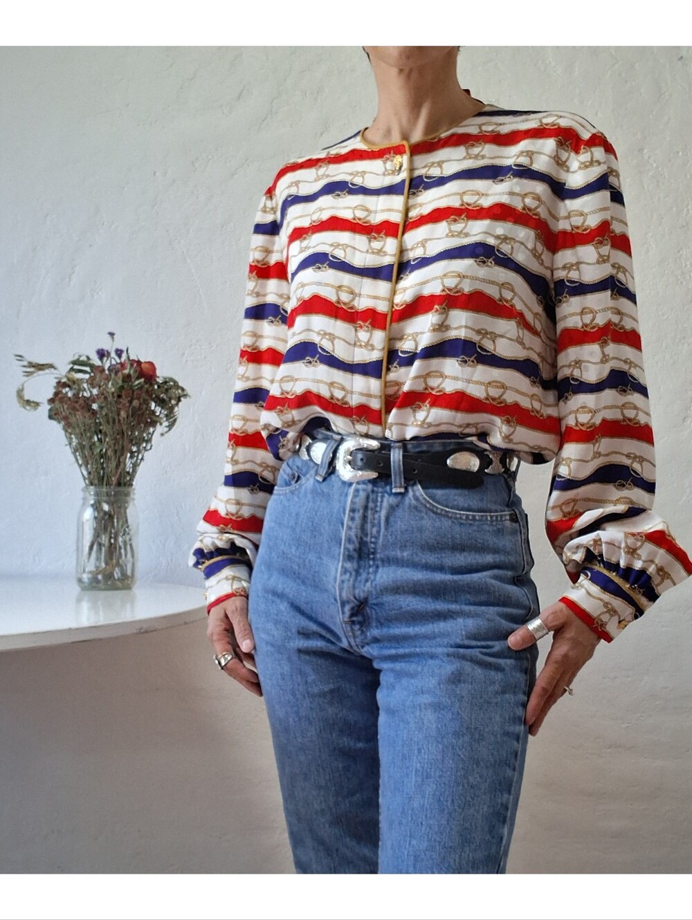 Vintage 90s Maggy London nautical coastal silk blouse Red white blue stripes